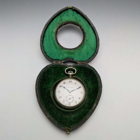 Around 1899 British Antique Heart-Shaped Sterling Silver Pocket Watch Holder with REVUE Pocket Watch